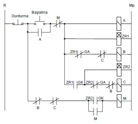 Soru 04-Şekil 6-5-Üç fazlı asenkron motora çift kademeli oto transformatörüyle yol verme kumanda ve güç devresi-YUKLEEE