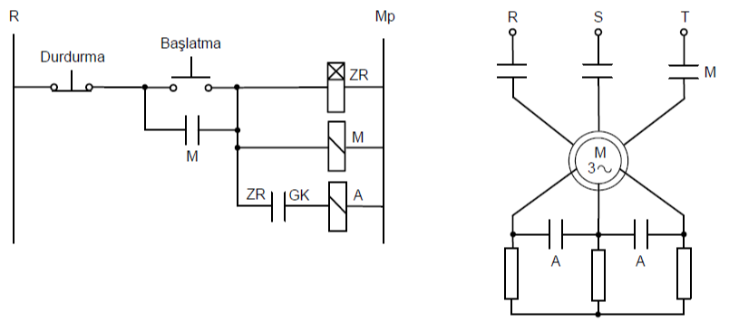 Soru 10-Şekil 6-10-Rotoru sargılı asenkron motora tek kademe dirençle yol verme kumanda ve güç devresi-YUKLEEE