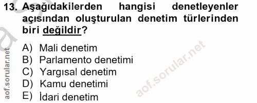 13. soru: Aşağıdakilerden hangisi denetleyenler açısından oluşturulan denetim türlerinden biri değildir? A) Mali denetim B) Par…