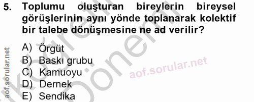 5. soru: Toplumu oluşturan bireylerin bireysel görüşlerinin aynı yönde toplanarak kolektif bir talebe dönüşmesine ne ad verili…