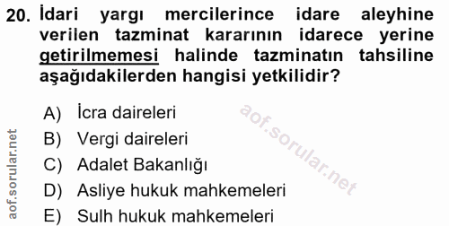 20. soru: Idari yargı mercilerince idare aleyhine verilen tazminat kararının idarece yerine getirilmemesi halinde tazminatın ta…
