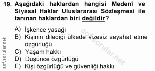 19. soru: Aşağıdaki haklardan hangisi Medenî ve Siyasal Haklar Uluslararası Sözleşmesi ile tanınan haklardan biri değildir? A)…