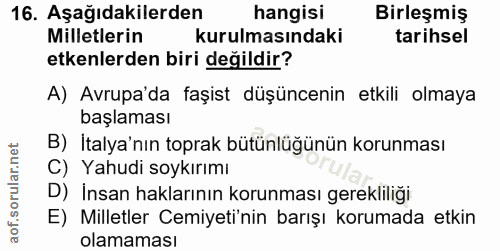 16. soru: Aşağıdakilerden hangisi Birleşmiş Milletlerin kurulmasındaki tarihsel etkenlerden biri değildir? A) Avrupa'da faşist…