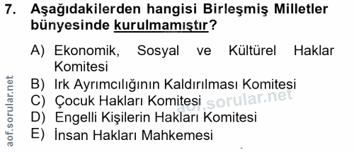 7. soru: Aşağıdakilerden hangisi Birleşmiş Milletler bünyesinde kurulmamıştır? A) Ekonomik, Sosyal ve Kültürel Haklar Komitesi…