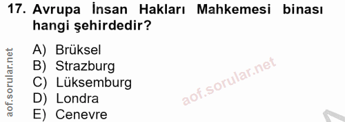 17. soru: Avrupa İnsan Hakları Mahkemesi binası hangi şehirdedir? A) Brüksel B) Strazburg C) Lüksemburg D) Londra E) Cenevre