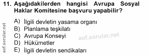 11. soru: Aşağıdakilerden hangisi Avrupa Sosyal Haklar Komitesine başvuru yapabilir? A) Ilgili devletin yasama organı B) Planla…