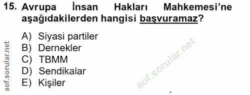 15. soru: Avrupa İnsan Hakları Mahkemesi'ne aşağıdakilerden hangisi başvuramaz? A) Siyasi partiler B) Dernekler C) TBMM D) Send…
