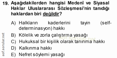 19. soru: Aşağıdakilerden hangisi Medenî ve Siyasal Haklar Uluslararası Sözleşmesi'nin tanıdığı haklardan biri değildir? A) Hal…