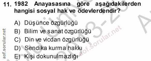 11. soru: 1982 Anayasasına göre aşağıdakilerden hangisi sosyal hak ve ödevlerdendir? A) Düşünce özgürlüğü B) Bilim ve sanat özg…