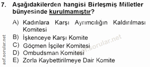 7. soru: Aşağıdakilerden hangisi Birleşmiş Milletler bünyesinde kurulmamıştır? A) Kadınlara Karşı Ayrımcılığın Kaldırılması Ko…