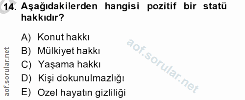 14. soru: Aşağıdakilerden hangisi pozitif bir statü hakkıdır? A) Konut hakkı B) Mülkiyet hakkı C) Yaşama hakkı D) Kişi dokunulm…