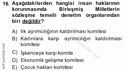 16. soru: Aşağıdakilerden hangisi insan haklarının korunmasında Birleşmiş Milletlerin sözleşme temelli denetim organlarından bi…