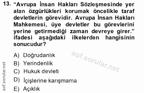 13. soru: "Avrupa İnsan Hakları Sözleşmesinde yer alan özgürlükleri korumak öncelikle taraf devletlerin görevidir. Avrupa İnsan…