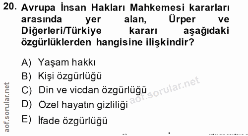 20. soru: Avrupa Insan Hakları Mahkemesi kararları arasında yer alan, Urper ve Diğerleri/Türkiye kararı aşağıdaki özgürlüklerde…