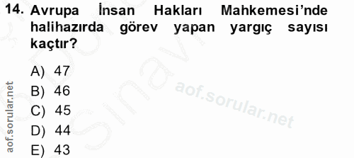 14. soru: Avrupa İnsan Hakları Mahkemesi'nde halihazırda görev yapan yargıç sayısı kaçtır? A) 47 B) 46 C) 45 D) 44 E) 43