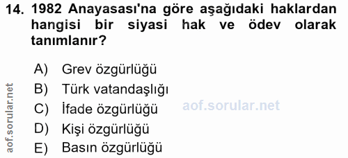 14. soru: 1982 Anayasası'na göre aşağıdaki haklardan hangisi bir siyasi hak ve ödev olarak tanımlanır? A) Grev özgürlüğü B) Tür…