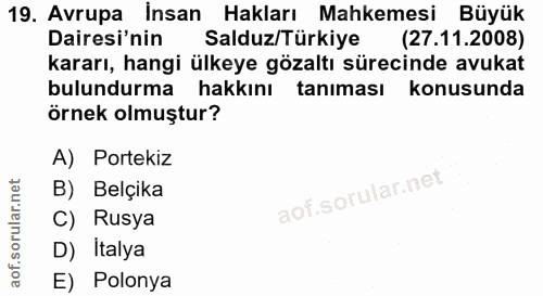 19. soru: Avrupa İnsan Hakları Mahkemesi Büyük Dairesi'nin Salduz/Türkiye (27.11.2008) kararı, hangi ülkeye gözaltı sürecinde a…