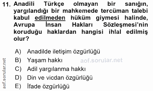 11. soru: Anadili Türkçe olmayan bir sanığın, yargılandığı bir mahkemede tercüman talebi kabul edilmeden hüküm giymesi halinde,…