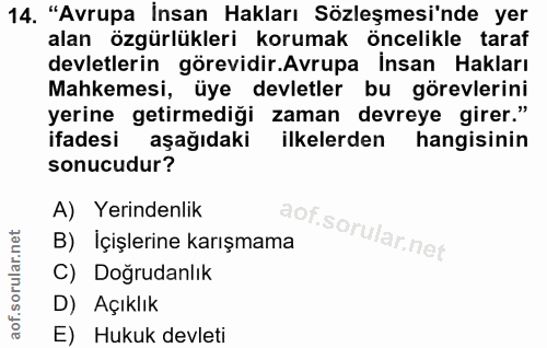 14. soru: "Avrupa İnsan Hakları Sözleşmesi'nde yer alan özgürlükleri korumak öncelikle taraf devletlerin görevidir.Avrupa Insan…