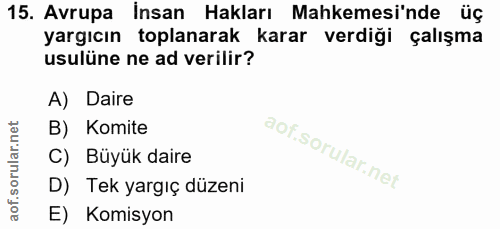 15. soru: Avrupa İnsan Hakları Mahkemesi'nde üç yargıcın toplanarak karar verdiği çalışma usulüne ne ad verilir? A) Daire B) Ko…