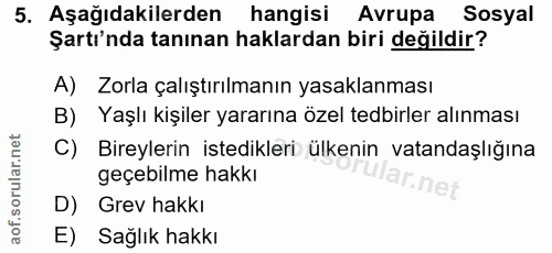 5. soru: Aşağıdakilerden hangisi Avrupa Sosyal Şartı'nda tanınan haklardan biri değildir? A) Zorla çalıştırılmanın yasaklanmas…