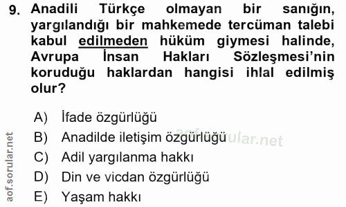 9. soru: Anadili Türkçe olmayan bir sanığın, yargılandığı bir mahkemede tercüman talebi kabul edilmeden hüküm giymesi halinde,…
