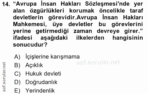 14. soru: "Avrupa İnsan Hakları Sözleşmesi'nde yer alan özgürlükleri korumak öncelikle taraf devletlerin görevidir.Avrupa Insan…