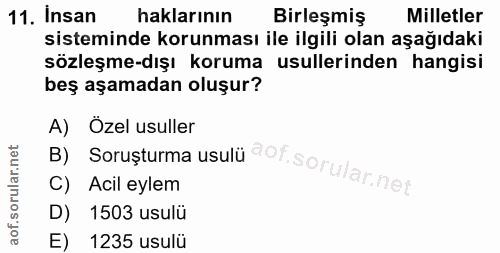 11. soru: Insan haklarının Birleşmiş Milletler sisteminde korunması ile ilgili olan aşağıdaki sözleşme-dışı koruma usullerinden…