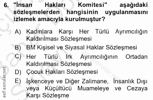 6. soru: "Insan Hakları Komitesi" aşağıdaki sözleşmelerden hangisinin uygulanmasını izlemek amacıyla kurulmuştur? A) Kadınlara…