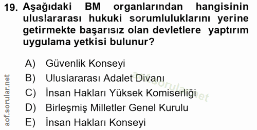 19. soru: Aşağıdaki BM organlarından hangisinin uluslararası hukuki sorumluluklarını yerine getirmekte başarısız olan devletler…