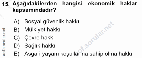15. soru: Aşağıdakilerden hangisi ekonomik haklar kapsamındadır? A) Sosyal güvenlik hakkı B) Mülkiyet hakkı lar.ne C) Çevre hak…