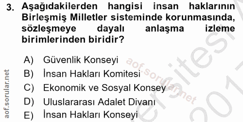 3. soru: Aşağıdakilerden hangisi insan haklarının Birleşmiş Milletler sisteminde korunmasında, sözleşmeye dayalı anlaşma izlem…
