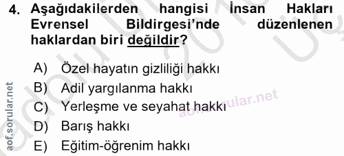 4. soru: Aşağıdakilerden hangisi insan Hakları Evrensel Bildirgesi'nde düzenlenen haklardan biri değildir? A) Özel hayatın giz…