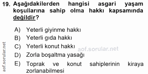 19. soru: Aşağıdakilerden hangisi asgari yaşam koşullarına sahip olma hakkı kapsamında değildir? A) Yeterli giyinme hakkı B) Ye…