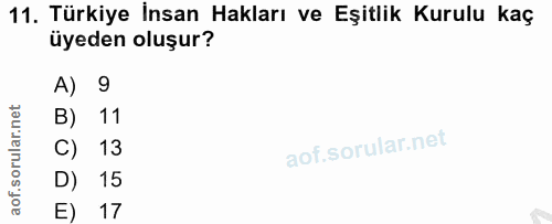 11. soru: Türkiye İnsan Hakları ve Eşitlik Kurulu kaç üyeden oluşur? A) 9 B) 11 C) 13 D) 15 E) 17