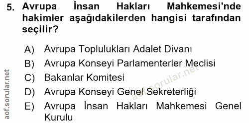 5. soru: Avrupa Insan Hakları Mahkemesi'nde hakimler aşağıdakilerden hangisi tarafından seçilir? A) Avrupa Toplulukları Adalet…