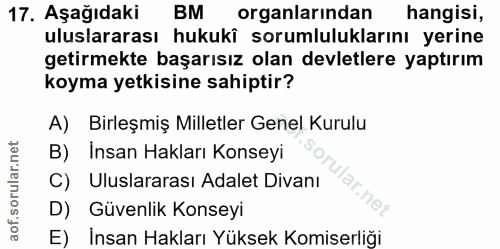 17. soru: Aşağıdaki BM organlarından hangisi, uluslararası hukuki sorumluluklarını yerine getirmekte başarısız olan devletlere…
