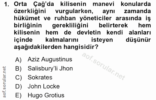 1. soru: Orta Çağ'da kilisenin manevi konularda özerkliğini vurgularken, aynı zamanda hükümet ve ruhban yöneticiler arasında i…