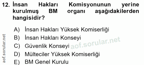 12. soru: Insan Hakları Komisyonunun yerine kurulmuş BM organı aşağıdakilerden hangisidir? A) Insan Hakları Yüksek Komiserliği…