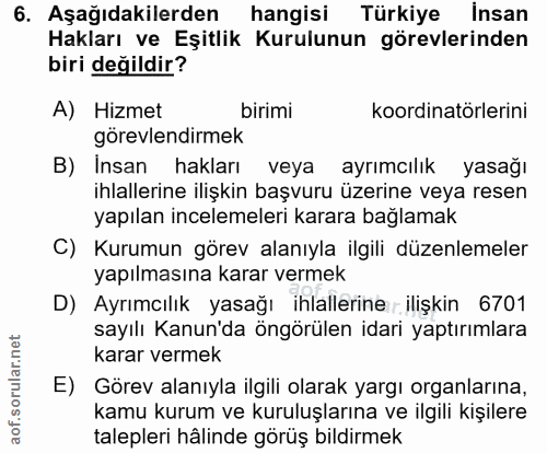 6. soru: Aşağıdakilerden hangisi Türkiye İnsan Hakları ve Eşitlik Kurulunun görevlerinden biri değildir? A) Hizmet birimi koor…