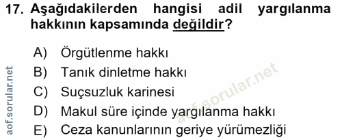 17. soru: Aşağıdakilerden hangisi adil yargılanma hakkının kapsamında değildir? A) Örgütlenme hakkı B) Tanık dinletme hakkı ar.…