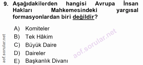 9. soru: Aşağıdakilerden hangisi Avrupa Insan Hakları Mahkemesindeki yargısal formasyonlardan biri değildir? A) Komiteler B) T…