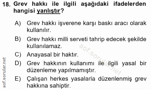 18. soru: Grev hakkı ile ilgili aşağıdaki ifadelerden hangisi yanlıştır? A) Grev hakkı işverene karşı baskı aracı olarak kullan…