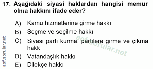 17. soru: Aşağıdaki siyasi haklardan hangisi memur olma hakkını ifade eder? A) Kamu hizmetlerine girme hakkı B) Seçme ve seçilm…