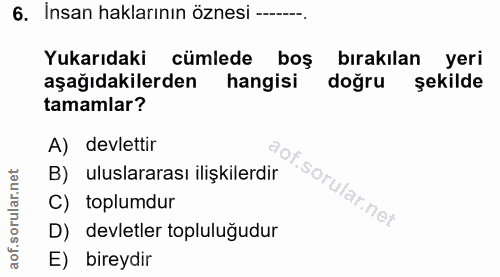 6. soru: Insan haklarının öznesi-...... Yukarıdaki cümlede boş birakılan yeri aşağıdakilerden hangisi doğru şekilde tamamlar?…