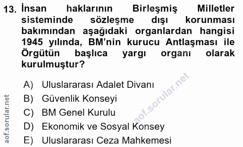 13. soru: Insan haklarının Birleşmiş Milletler sisteminde sözleşme dışı korunması bakımından aşağıdaki organlardan hangisi 1945…
