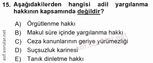 15. soru: Aşağıdakilerden hangisi adil yargılanma hakkının kapsamında değildir? A) Örgütlenme hakkı B) Makul süre içinde yargıl…