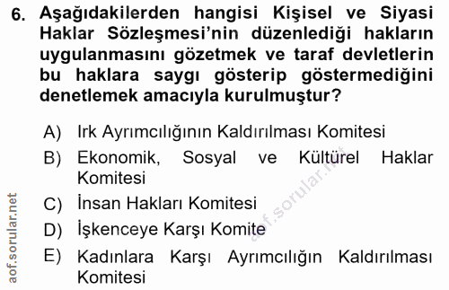 6. soru: Aşağıdakilerden hangisi Kişisel ve Siyasi Haklar Sözleşmesi'nin düzenlediği hakların uygulanmasını gözetmek ve taraf…