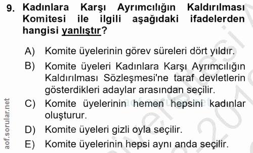 9. soru: Kadınlara Karşı Ayrımcılığın Kaldırılması Komitesi ile ilgili aşağıdaki ifadelerden hangisi yanlıştır? A) Komite üyel…