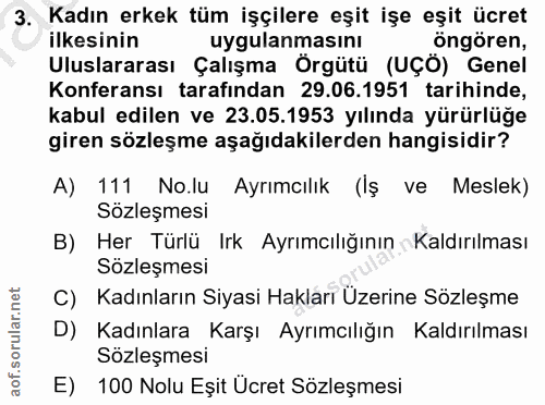3. soru: Kadın erkek tüm işçilere eşit işe eşit ücret ilkesinin uygulanmasinı öngören, Uluslararası Çalışma Örgütü (UÇÖ) Genel…